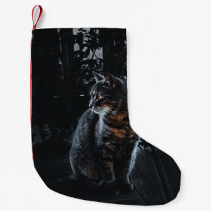 SELECTIVE FOCUS OF SILVER TABBY CAT SMALL CHRISTMAS STOCKING