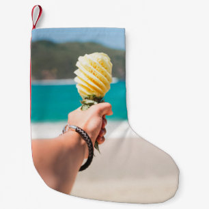 Selective focus photography of person holding frui small christmas stocking