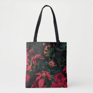 SELECTIVE FOCUS PHOTOGRAPHY OF RED POINSETTIA PLAN TOTE BAG