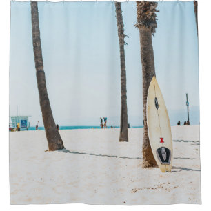 Selective focus photography of white surfboard shower curtain