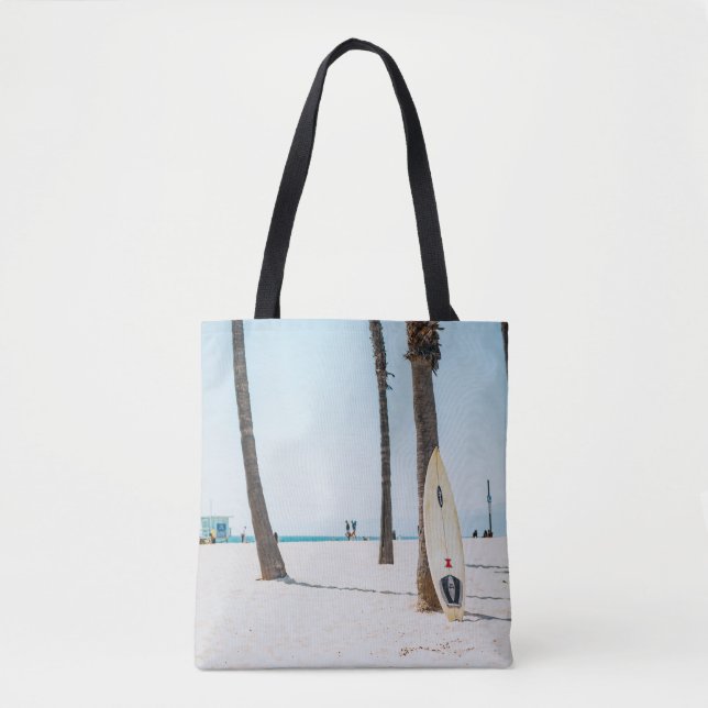 Selective focus photography of white surfboard tote bag (Front)