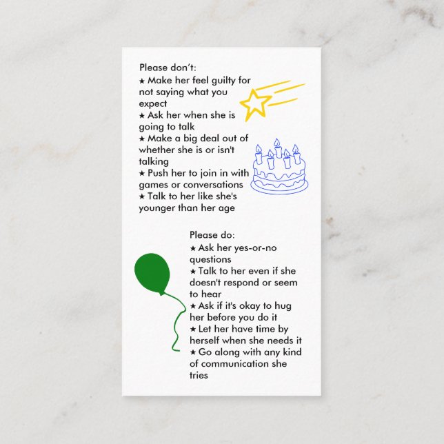 Selective Mutism Birthday Girl Business Card (Back)