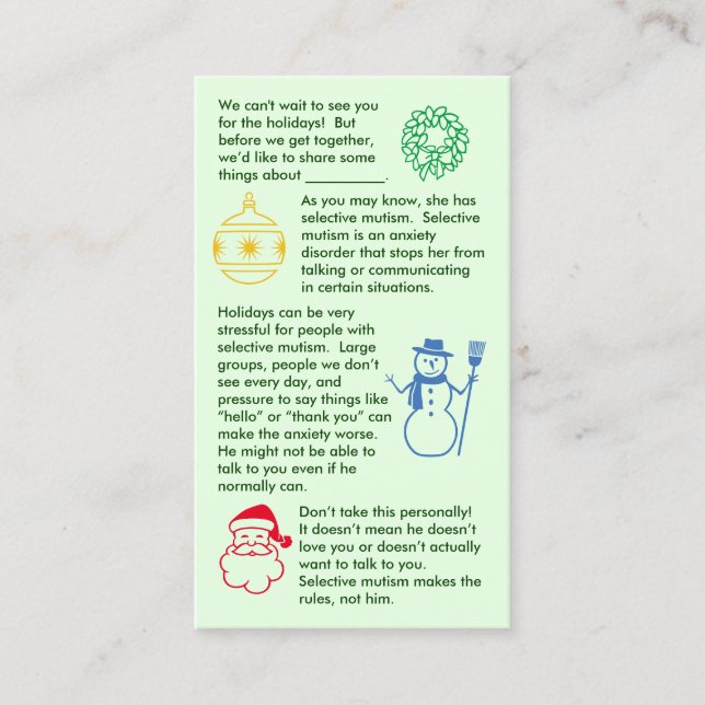Selective Mutism Christmas Boy Business Card (Front)