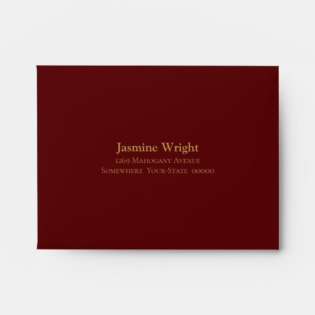 Self Addressed Burgundy with Gold Text Wedding Envelope (Front)