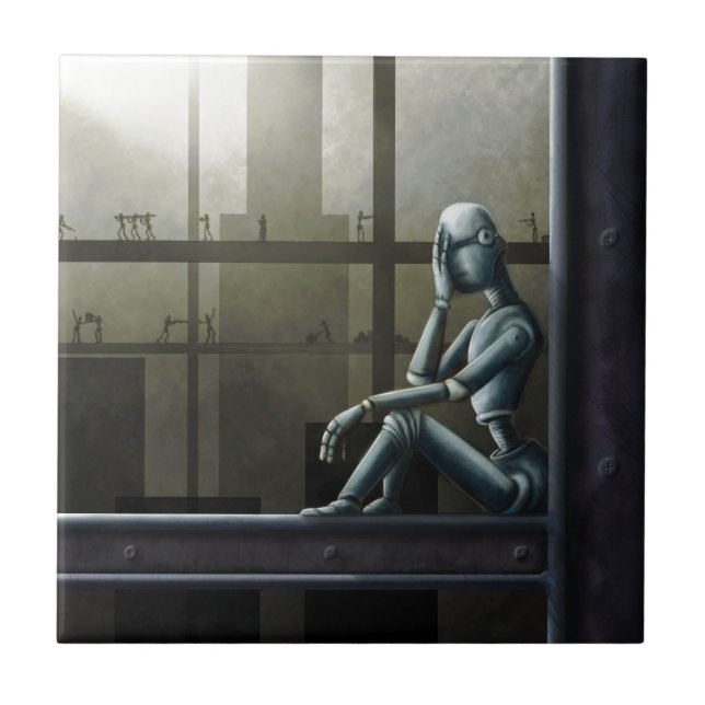 self aware robot scifi ceramic tile (Front)