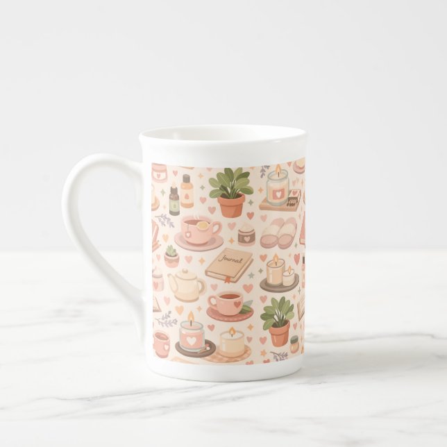 Self Care Aesthetic Pattern Bone China Mug (Left)