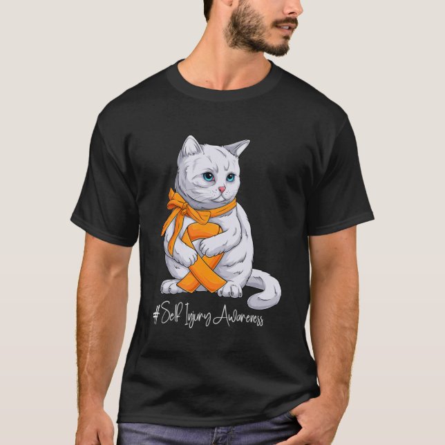 Self Injury Awareness Month Orange Ribbon Cat T-Shirt (Front)