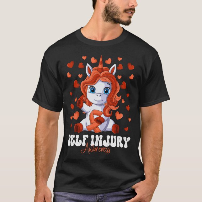 Self Injury Awareness Month Orange Ribbon Unicorn T-Shirt (Front)