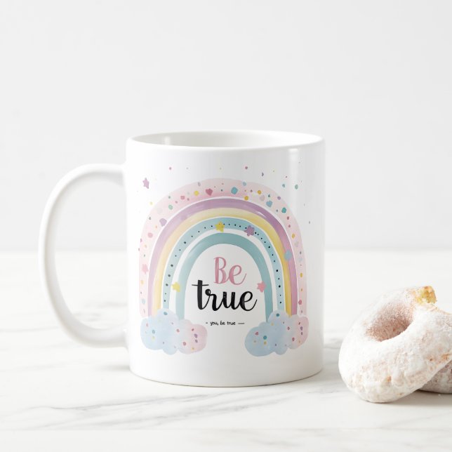 Self Love Affirmation Cute Pastel Be True Rainbow Coffee Mug (With Donut)