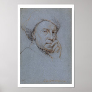 Self Portrait (black, red and white chalk on blue Poster