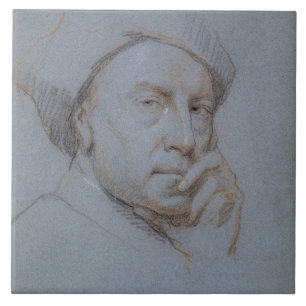 Self Portrait (black, red and white chalk on blue Tile