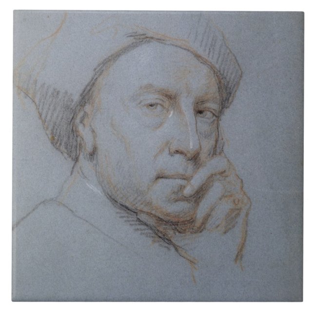 Self Portrait (black, red and white chalk on blue Tile (Front)