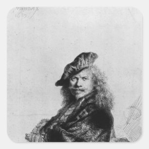Self portrait leaning on a stone sill, 1639 square sticker