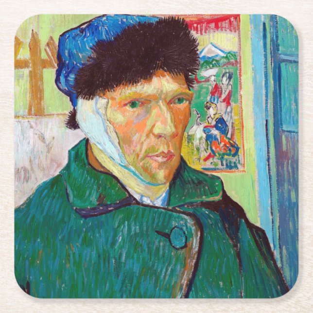 Self-Portrait With a Bandaged Ear, Van Gogh Square Paper Coaster (Front)