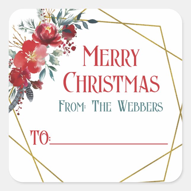 Self-Stick Merry Christmas Poinsettia Floral Favou Square Sticker (Front)