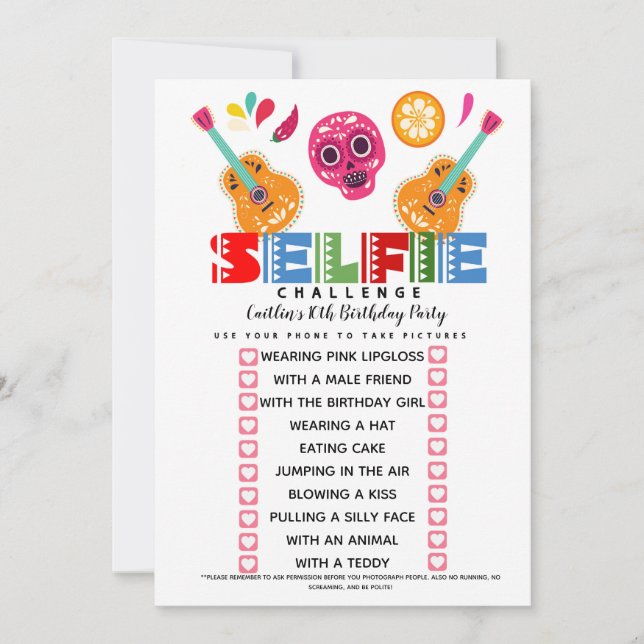 Selfie Challenge game Birthday party fiesta Invitation (Front)