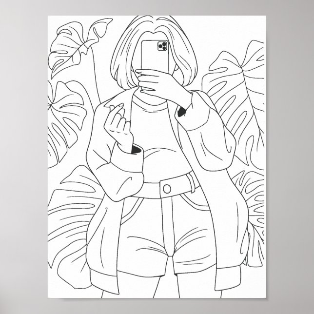 Selfie Girl Coloring Page Poster (Front)