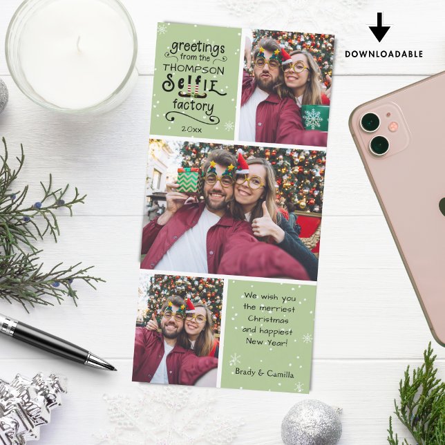 sELFie Greetings, Snow on Green, 3 Photos Holiday Card (Creator Uploaded)