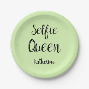 Selfie Queen Name Personalised Lime Green Paper Plate