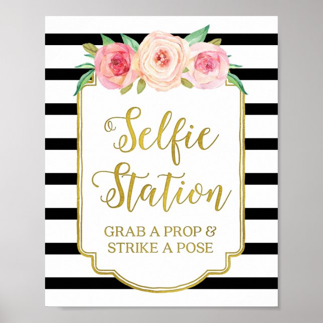 Selfie Station Sign Pink Floral Gold Black Stripes (Front)