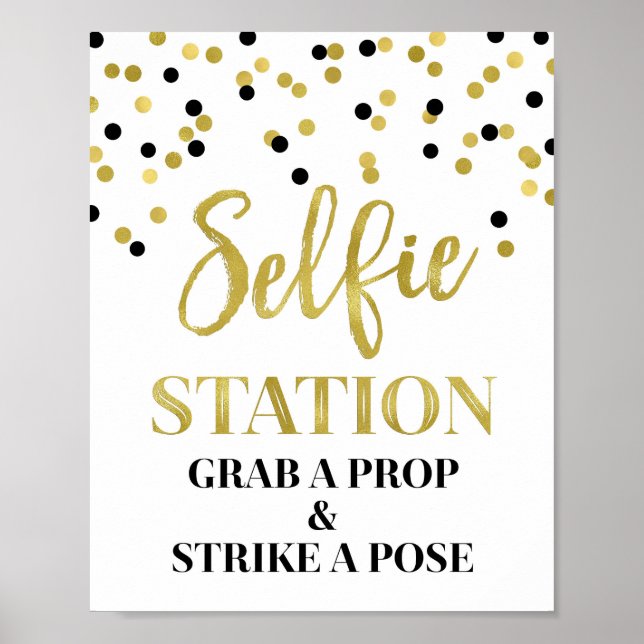 Selfie Station Wedding Sign Gold Black Confetti (Front)