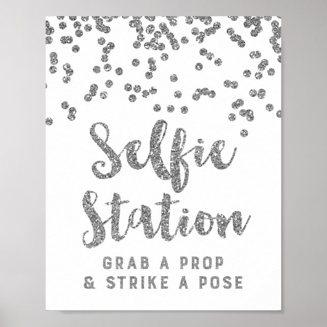 Selfie Station Wedding Sign Silver Confetti (Front)