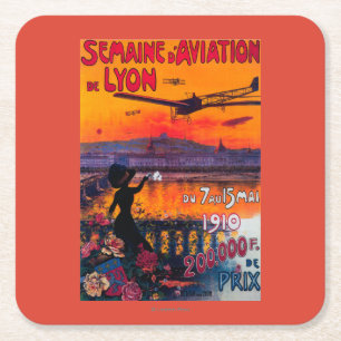 Semaine d' Aviation De Lyon Vintage Poster Square Paper Coaster