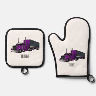 Semi-trailer truck cartoon illustration oven mitt & pot holder set
