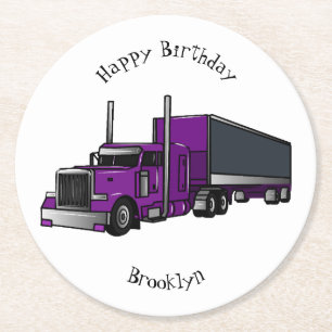 Semi-trailer truck cartoon illustration round paper coaster
