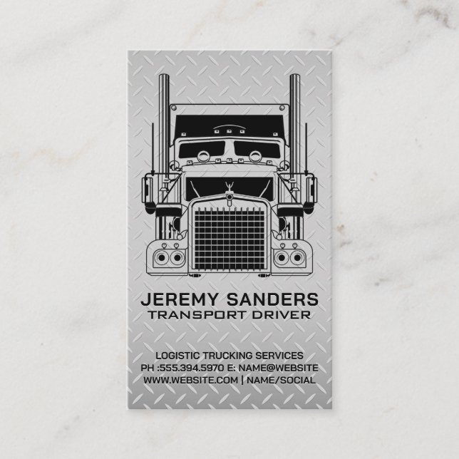Semi Truck | Diamond Plate Steel Background Business Card (Front)