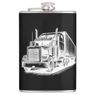 Semi Truck diesel Trucking Art ink drawing Hip Flask