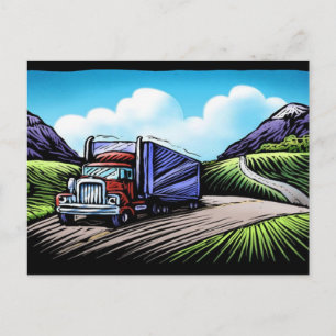Semi truck driver scenic travel postcard