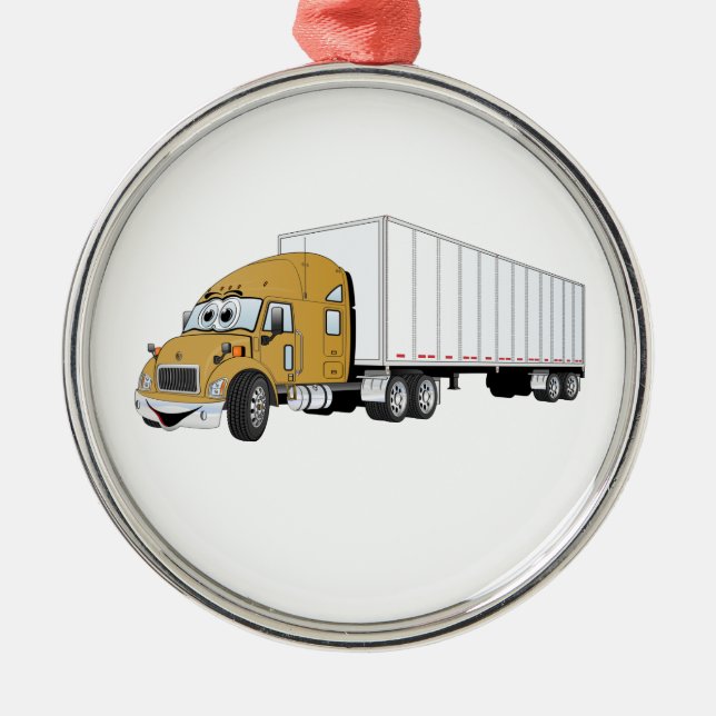 Semi Truck Gold White Trailer Cartoon Metal Ornament (Front)