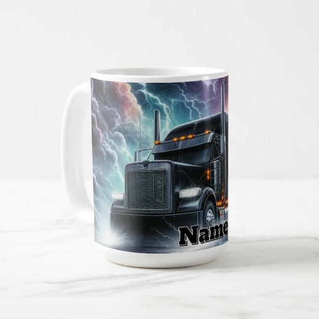 Semi Truck in a Vibrant Lightning Storm Coffee Mug (Front Left)