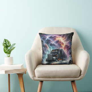 Semi Truck in a Vibrant Lightning Storm Cushion