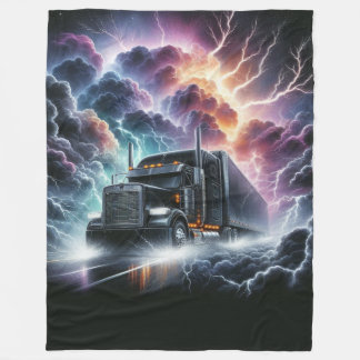 Semi Truck in a Vibrant Lightning Storm Fleece Blanket