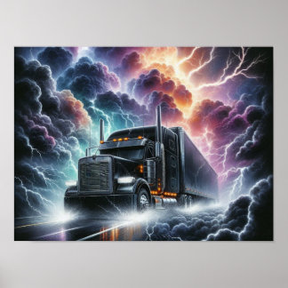 Semi Truck in a Vibrant Lightning Storm Poster
