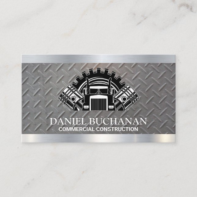 Semi Truck Logo and Pistons | Metallic Steel Business Card (Front)