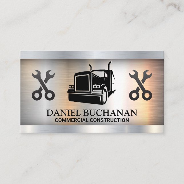 Semi Truck Logo | Wrenches | Metallic Business Card (Front)