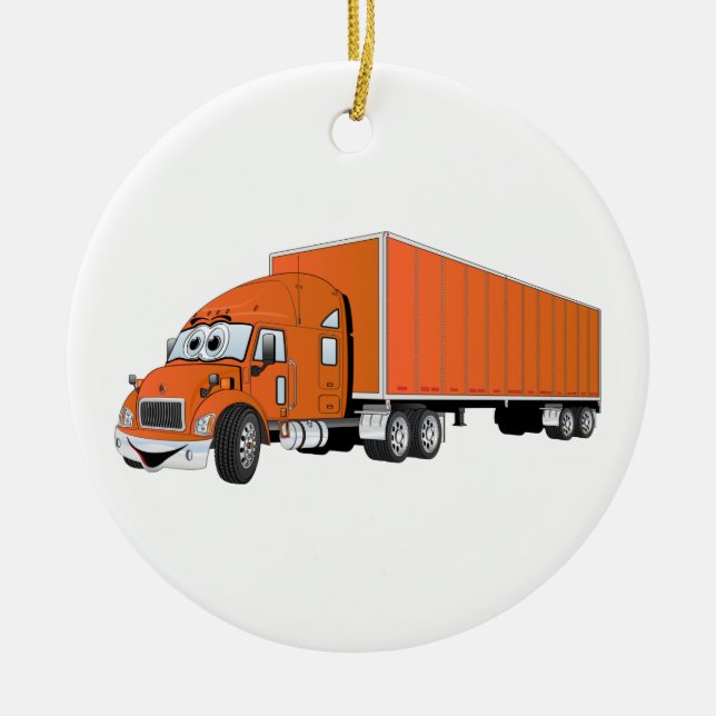 Semi Truck Orange Trailer Cartoon Ceramic Tree Decoration (Front)