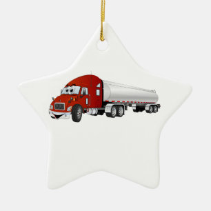 Semi Truck Red Silver Tanker Trailer Cartoon Ceramic Tree Decoration