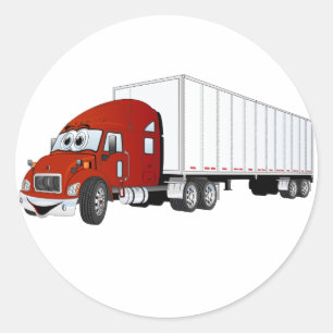 Semi Truck Red White Trailer Cartoon Classic Round Sticker