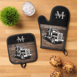 Semi Truck Transport Cool Trucker Monogram BBQ Oven Mitt & Pot Holder Set
