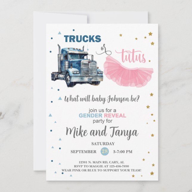Semi Trucks or Tutus gender reveal invitation. Invitation (Front)