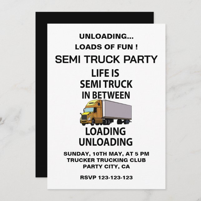 Semi Trucks Trucker Driver Party  Invitation (Front/Back)