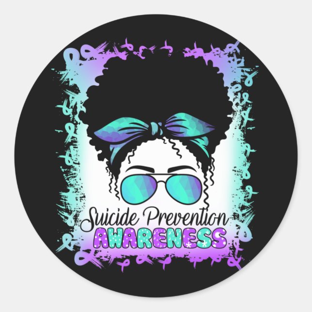 Semicolon Suicide Messy Hair Bun Teal And Purple Classic Round Sticker (Front)