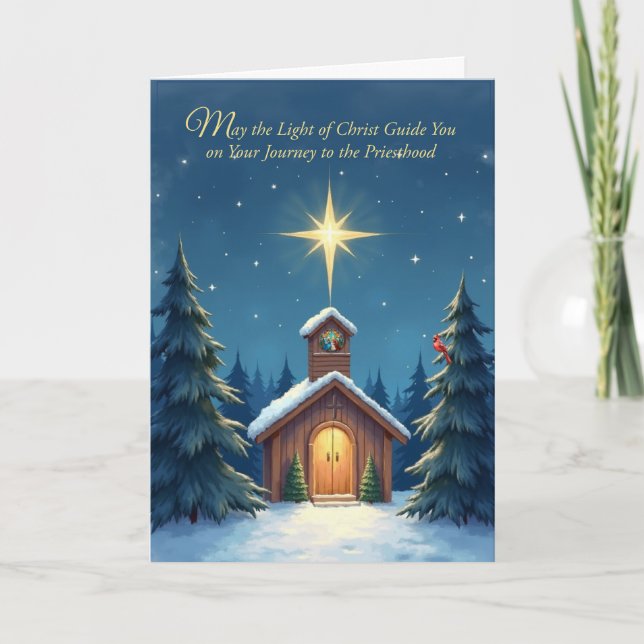 Seminarian Christmas Blessings Snowy Chapel Star Card (Front)