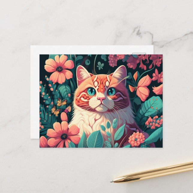 Send Cheerful Wishes with a Unique Cat Postcard (Front/Back In Situ)