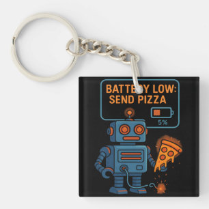 Send Pizza Robot Battery 5% Gaming Foodie Funny Key Ring