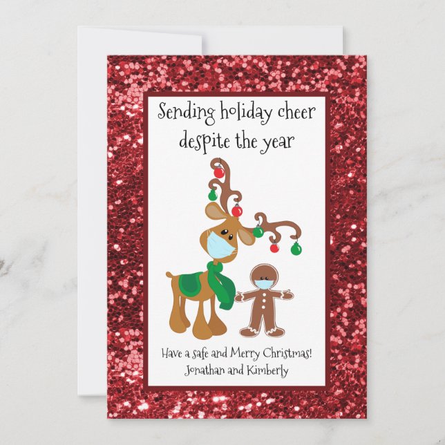 Sending Holiday Cheer Reindeer Face Mask Glitter Card (Front)